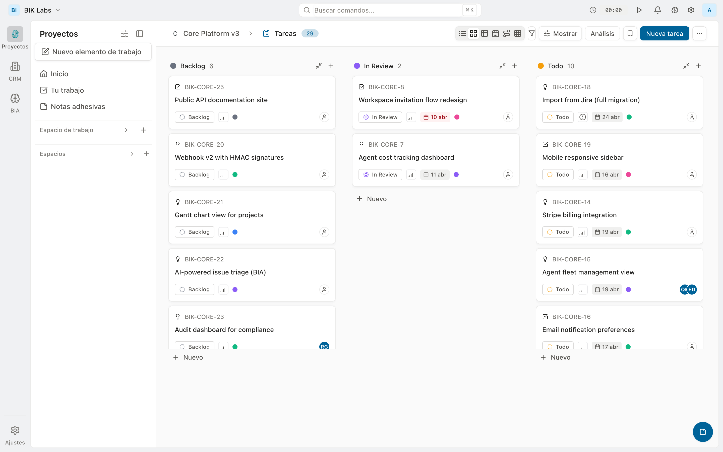 Tablero Kanban con expedientes por estado