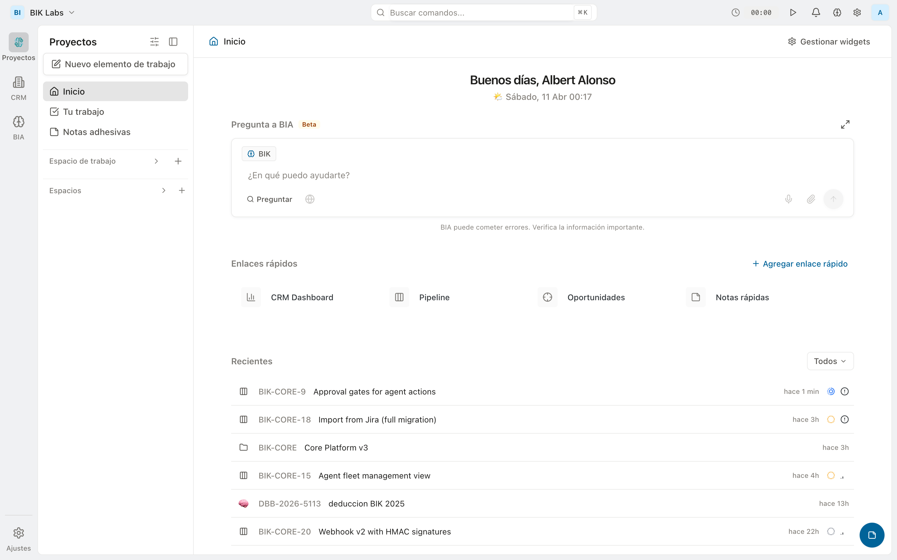 Dashboard con BIA prompt y acceso directo a expedientes